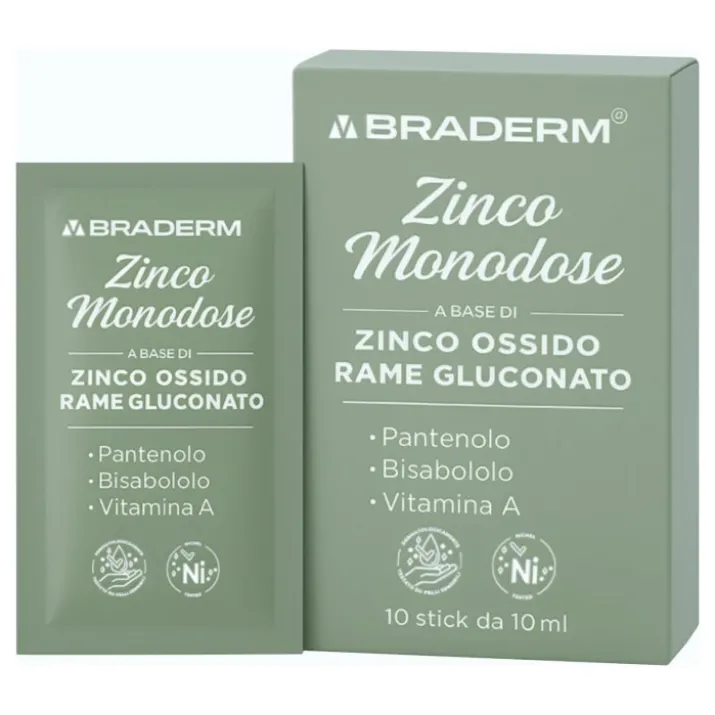 Braderm Zinco Monodose, 10 Stick da 10 ml, Azione Protettiva e Lenitiva