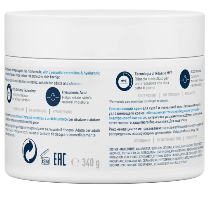 CeraVe Crema Idratante, Per Pelli Da Secche a Molto Secche Per il Corpo e il Viso, 340 g