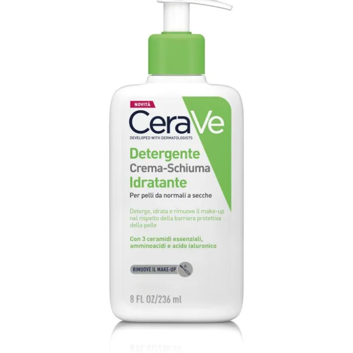 CeraVe Detergente crema-schiuma idratante Deterge ed Idrata. Con 3 ceramidi essenziali, acido ialuronico e tecnologia MVE 236 ml