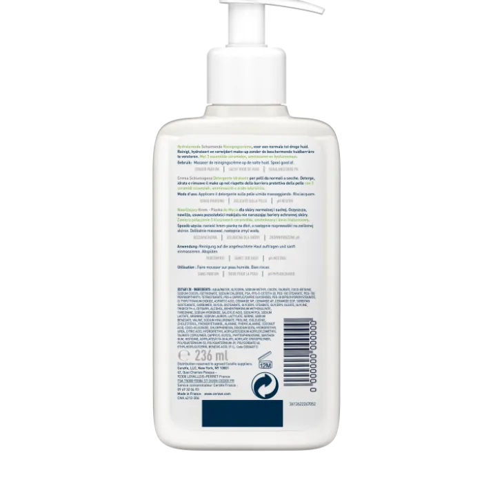 CeraVe Detergente crema-schiuma idratante Deterge ed Idrata. Con 3 ceramidi essenziali, acido ialuronico e tecnologia MVE 236 ml