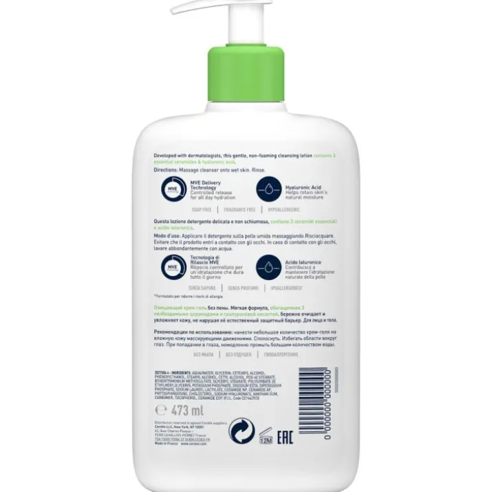 CeraVe Detergente Idratante Viso Pelle da Normale a Secca, con acido ialuronico e ceramidi 473 ml