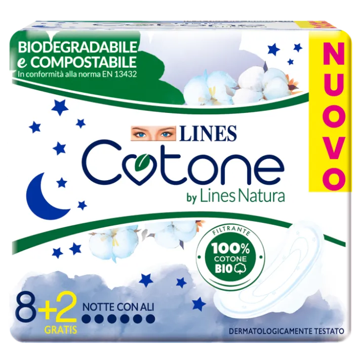 Cotone Bio Notte Con Ali Lines 8+2 Pezzi