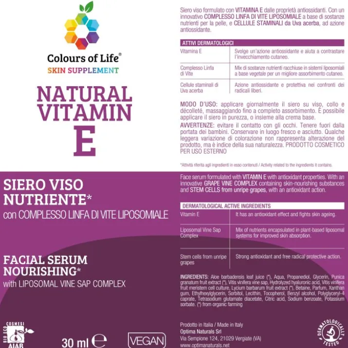 Natural Vitamin E Siero Viso Nutriente Colours of Life 30ml